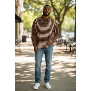 #60 AELFRIC EDEN Sz. Small Long Sleeve Striped Brown Polo Shirt